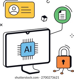 Proteção de dados de IA mostrando a segurança do computador e arquivos vinculados ao perfil pessoal. Útil para apresentações de cibersegurança ou ilustração vetorial plana isométrica de segurança digital.
