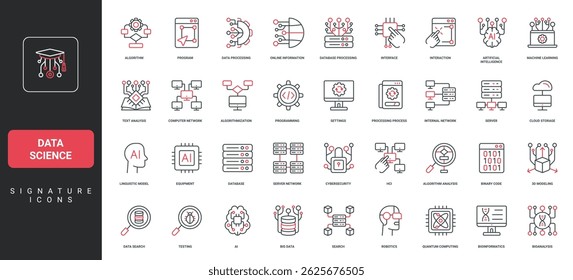 AI and data science, algorithm, program and database, cybersecurity, machine learning line icon set. Computer and server network, HCI, data processing thin black and red symbol vector illustration