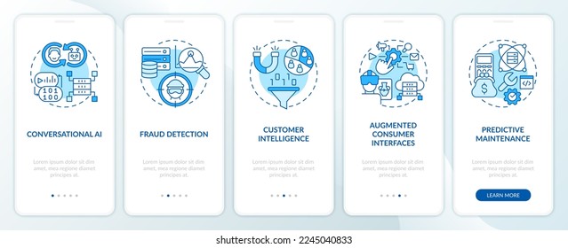 AI and data science in business blue onboarding mobile app screen. Walkthrough 5 steps editable graphic instructions with linear concepts. UI, UX, GUI template. Myriad Pro-Bold, Regular fonts used