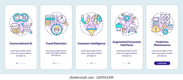 AI and data science business solutions onboarding mobile app screen. Walkthrough 5 steps editable graphic instructions with linear concepts. UI, UX, GUI template. Myriad Pro-Bold, Regular fonts used