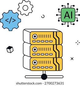 Ai data server setup with gears and coding elements. Ideal for illustrating data management, Ai and data processing concepts. isometric flat vector illustration.