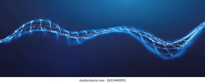 Plano de fundo abstrato da onda de dados de IA com padrões de linha de tecnologia e fluxo de rede digital. Design vetorial azul 3D futurista para segurança cibernética e conceitos de big data. Efeitos de movimento cósmico ou superfícies de luxo.