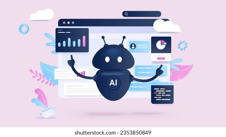 Ai data work - Illustration of artificial intelligence robot doing various abstract task with financial graphs, charts and statistics