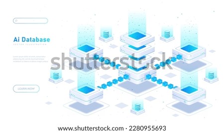 Ai database white banner. Server for storing and processing information. Electronic storage or archive. Wireless connection and cloud service. Landing page. Cartoon isometric vector illustration