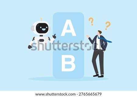AI decision making concept showing a smart robot assisting a businessman in choosing between options. Represents artificial intelligence, automation, business strategy, and data-driven decision support.