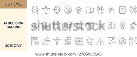 AI decision making line icons featuring data, algorithm, model, prediction, analysis, automation, logic, and intelligence. Perfect for tech, strategy, and innovation design.