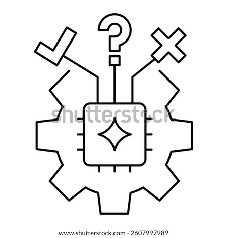 AI Decision-Making and Ethical Evaluation Icon. Rule-Based Automation, Decision Trees, and AI Logic Routing for Ethical Systems. Vector Line Icon.