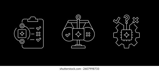 AI Decision-Making and Ethical Evaluation Icons. Logic Automation, Fairness Frameworks, Risk Assessment, and Responsible AI Design. Editable Stroke.