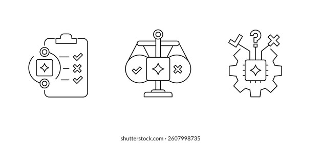 AI Decision-Making and Ethical Evaluation Icons. Logic Automation, Fairness Frameworks, Risk Assessment, and Responsible AI Design. Editable Stroke.