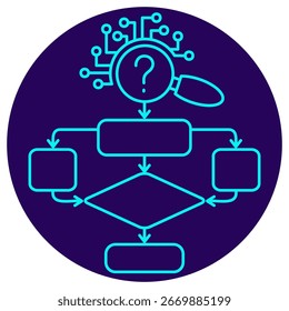 AI decision-making vector icon. AI search algorithm icon. Includes flowchart, circuit lines, and magnifying glass. Blue thin lines on dark blue circular background. Represents logic and smart analysis