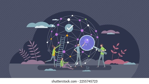 AI deep learning network and artificial intelligence tech tiny person concept. Smart technology and self automation with algorithms and virtual mind processing vector illustration. Digital research.