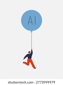 AI dependency. Man floating on big air balloon with text 