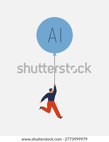 AI dependency. Man floating on big air balloon with text "AI" on it. modern Technology and mental health concept. vector illustration