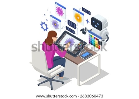 AI design assistant tablet. Isometric robot helping woman designer draw flower on digital tablet, AI support in creative work and graphic design.