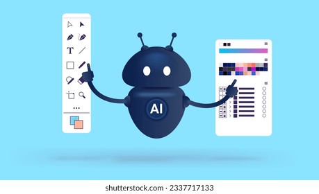 Ai design concept - Artificial intelligence robot designer working with graphic design. Flat deign vector illustration