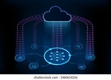 AI design concept or background. Artificial neural network connected to cloud business services. Artificial intelligence tools for business. Vector illustration.