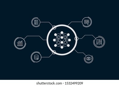 AI design concept or background. Artificial neural network connected to business services. Artificial intelligence tools for business. Vector illustration.