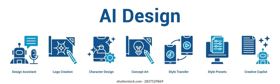 AI Design web banner icon set vector illustration concept for business with icon of Design Assistant, Logo Creation, Character Design, Concept Art, Style Transfer, Style Prese.