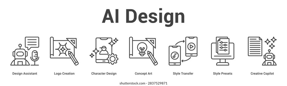 AI Design web banner icon set vector illustration concept for business with icon of Design Assistant, Logo Creation, Character Design, Concept Art, Style Transfer, Style Prese.