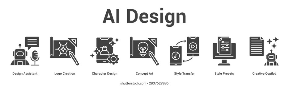 AI Design web banner icon set vector illustration concept for business with icon of Design Assistant, Logo Creation, Character Design, Concept Art, Style Transfer, Style Prese.