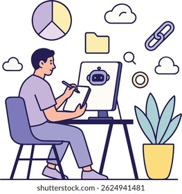 AI Designer Vector Illustration, Working on Robot Design.