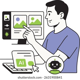 Designer de IA trabalhando em computador. Ilustração de vetor.
