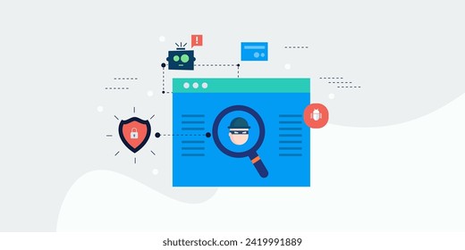 AI detecting online fraud, AI software preventing cyber crime, AI driven cyber security system preventing scammers from stealing information - vector illustration banner with icons