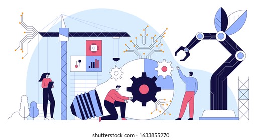 AI development. A group of programmers creates an artificial intelligence, algorithm, neural network. IT technology, business and AI concept. Vector flat style with thin line art on white background.