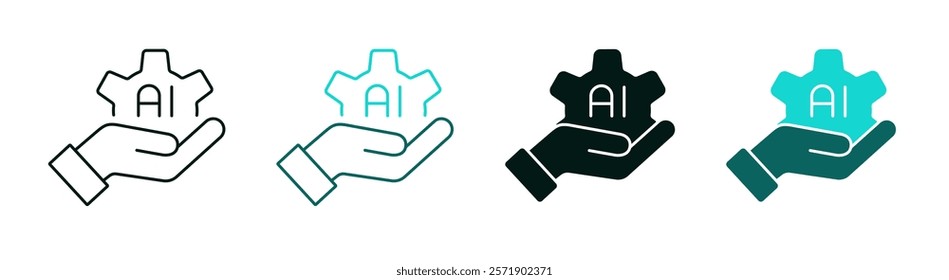 AI Development icon set. Artificial intelligence, technology, support concept. Hand holding a gear. Cogwheel symbol for web or mobile app. Line or solid logo. White background. Editable vector stroke.