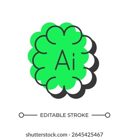 AI development offset shadow line icon. Artificial intelligence brain. Machine learning technology integration. Bold outline symbol with solid green fill. Modern flat illustration. Editable stroke