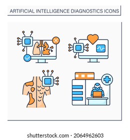 AI diagnostic color icons set. Skin cancer diagnostic, emergency. Digital technologies concept. Isolated vector illustrations