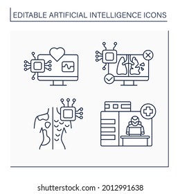 AI diagnostic line icons set. Skin cancer diagnostic, emergency. Digital technologies concept. Isolated vector illustrations. Editable stroke