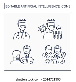 AI diagnostic line icons set. Modern technologies in medical sphere. Digital technologies concept. Isolated vector illustrations. Editable stroke