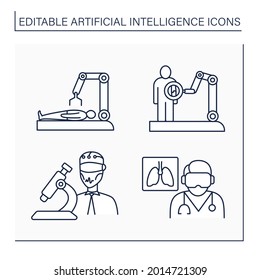 AI diagnostic line icons set. Modern technologies for treatment. VR goggles, microscope. Digital technologies concept. Isolated vector illustrations. Editable stroke