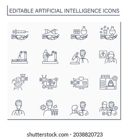 AI diagnostic line icons set. Modern technologies in medical sphere. Help to everyone. Digital technologies concept. Isolated vector illustrations. Editable stroke