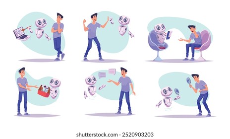 Ai dialogue. Chatbot talking with people exact vector smart conversation with chatbot