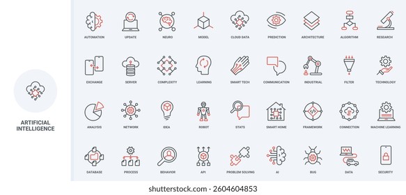 AI and digital brain, generative network with artificial intelligence, machine learning line icon set. algorithm and model of system, microchip thin black and red outline symbols vector illustration