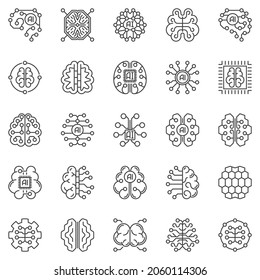 AI Digital Brain Outline Icons Set - Vector Artificial Intelligence Concept Linear Symbols Or Design Elements