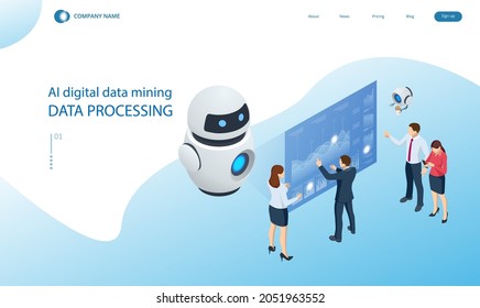 AI digital data mining, Data processing. Maintenance engineer working with digital display. Robot programming. Expert team for Data Analysis, Business Statistic