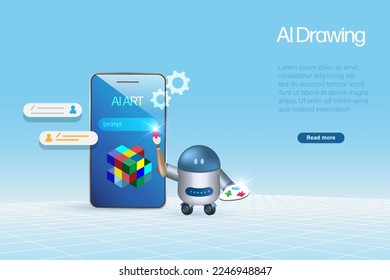 AI digital drawing art. Robot hold paintbrush and color palettes drawing digital art on smartphone screen. Artificial Intelligence technology generate art from prompt text. 3D vector.