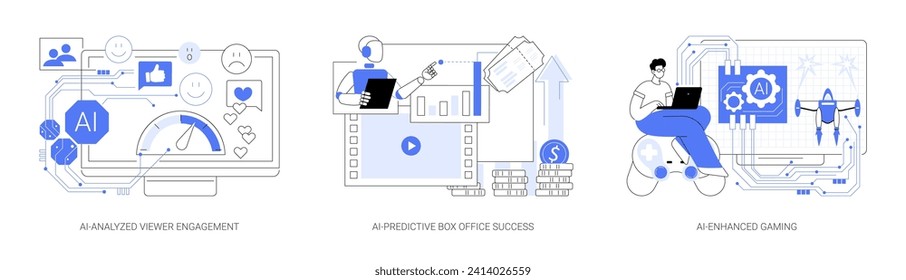 AI en el conjunto de ilustraciones vectoriales abstractas de concepto de entretenimiento digital. Participación de Visor Analizado mediante IA, éxito de taquilla de predicción de IA, metáfora abstracta de desarrollo de videojuegos mejorado mediante IA.