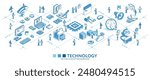 AI Digital Technology isometric seamless pattern. Cpu, Vr Game, Wi-fi 3d print line icons, people characters. Develop business infograph. Vector background teamwork concept illustration. Tech journey