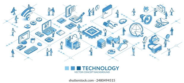 AI Digital Technology isometric seamless pattern. Cpu, Vr Game, Wi-fi 3d print line icons, people characters. Develop business infograph. Vector background teamwork concept illustration. Tech journey