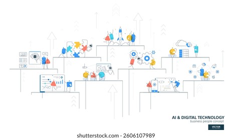 AI Digital Technology. Robot, automation process, machine line icons, and people characters. Business infographic development. Vector teamwork concept illustration. Tech journey and growth. Startup
