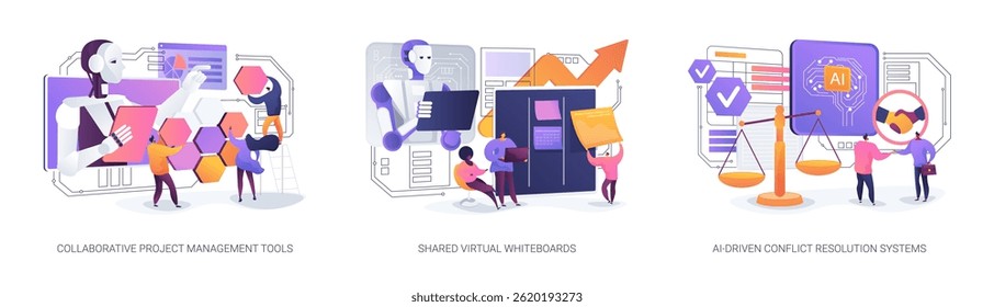 AI and Digital Tools Enhancing Team Collaboration abstract concept vector illustration set. Streamlined task management, real-time brainstorming, AI-driven conflict resolution. abstract metaphor.