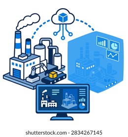 AI digital twins virtual replica of physical factory systems concept graphic on transparent background