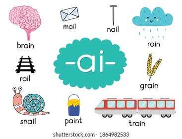 Ai Digraph With Words Educational Poster For Kids. Learning Phonics For School And Preschool. Phonetic Worksheet. Vector Illustration