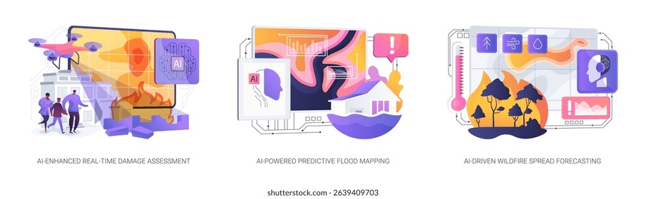 AI for Disaster Risk Reduction abstract concept vector illustration set. AI assesses damage, predicts floods, and forecasts wildfires to strengthen disaster preparedness. abstract metaphor.