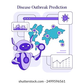 AI Disease Prediction concept. Robot analyzing data on a digital map to forecast epidemics. Vector illustration.