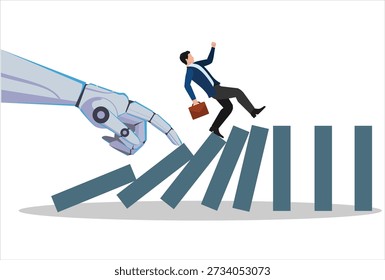 AI to disrupt human work, Artificial intelligence impact or challenge, job uncertainty future, innovation effect, AI change concept, AI robot arm push to collapse domino, businessman falling down. 

